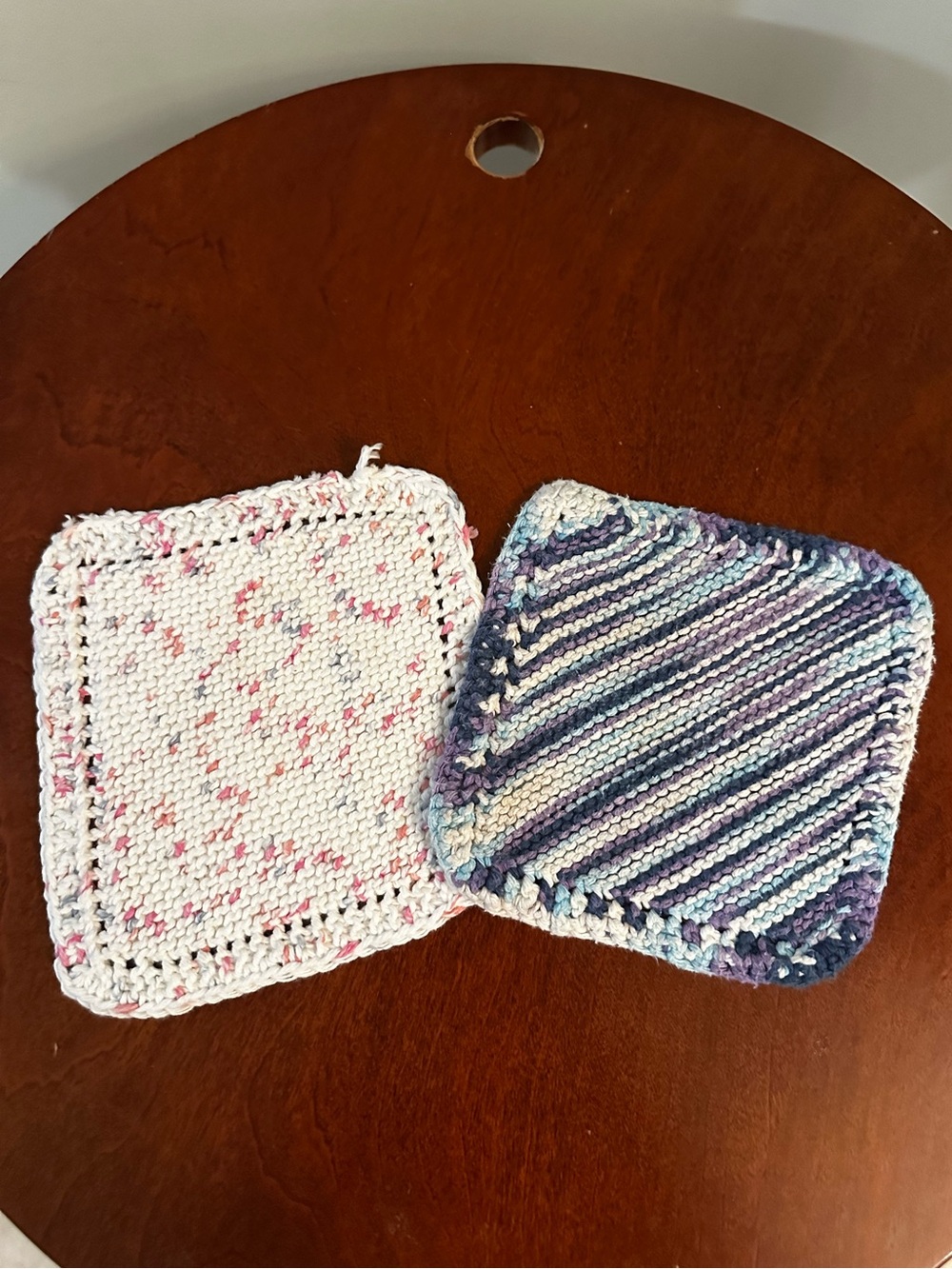 Handmade Vintage Knit Potholders - Pink Speckle & Blue Stripes
